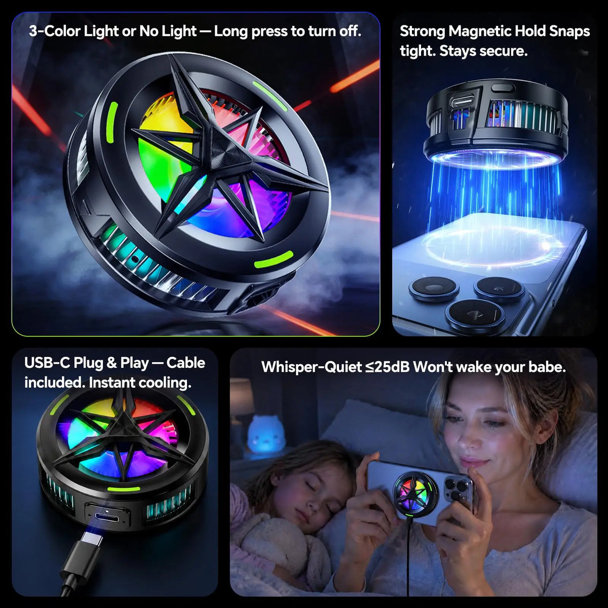 USB-C Phone Cooler with RGB and Magnetic/Clip Mounts