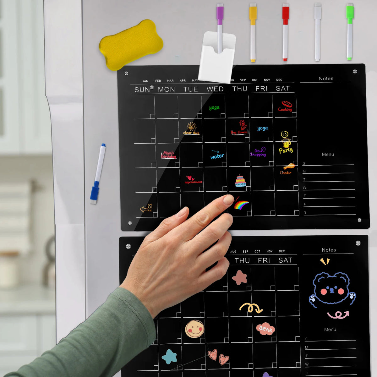 Priehľadný akrylový magnetický týždenný plánovač na chladničku opakovane použiteľný suchopisový odkazovací plánovač menu tabuľa chladničky poznámkový gadget s 11 suchopisových markerov