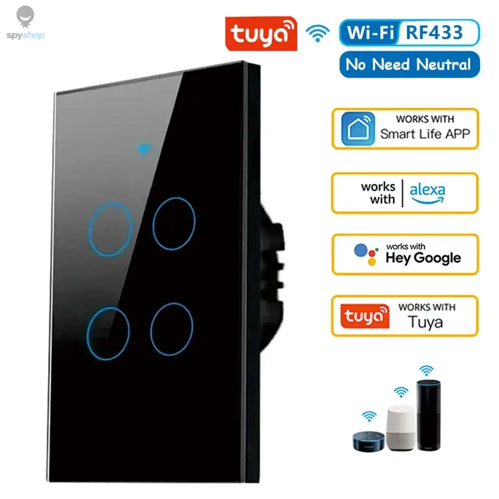 Tuya US WiFi Smart Wall Switch RF433 1/2/3/4 Gang No Neutral Wire Touch Sensor LED Light Switches Smart Home Alexa Google Home Spy-shop.com