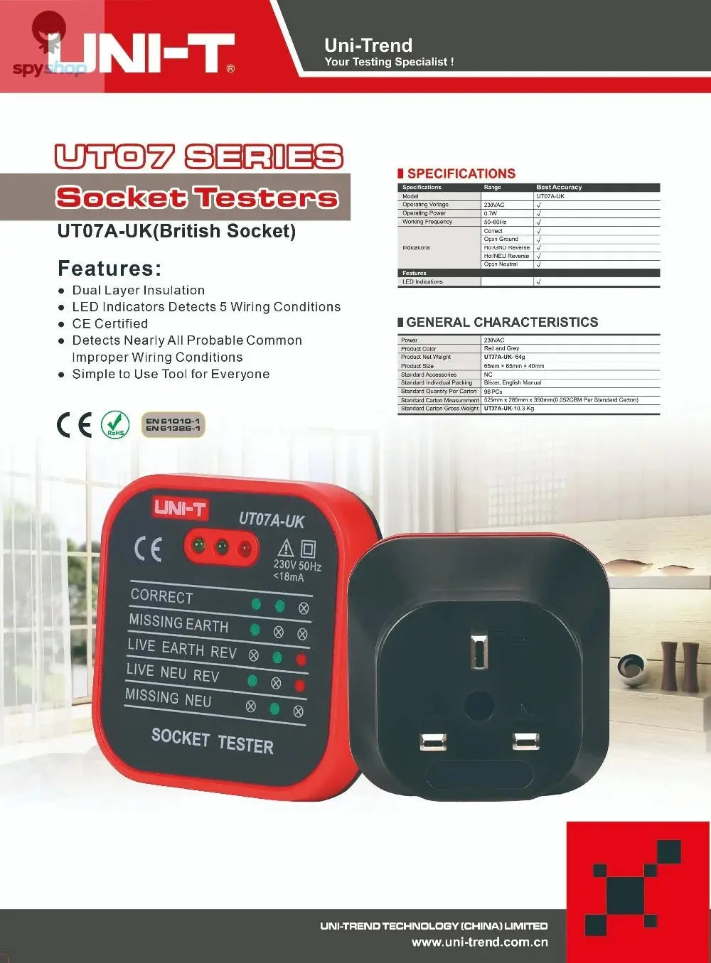 UNI-T UT07 Outlet Socket Testers Pro Detector EU UK Plug RCD Neutral Earth Wire Circuit Plug Polarity Phase Check Spy-shop.com