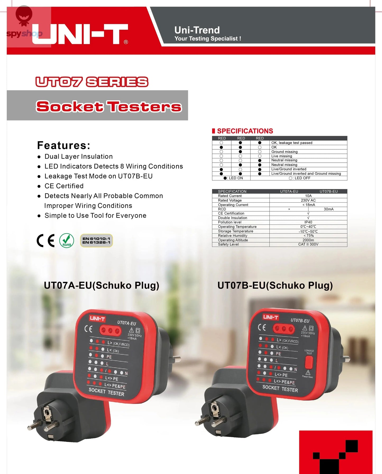 UNI-T UT07 Outlet Socket Testers Pro Detector EU UK Plug RCD Neutral Earth Wire Circuit Plug Polarity Phase Check Spy-shop.com