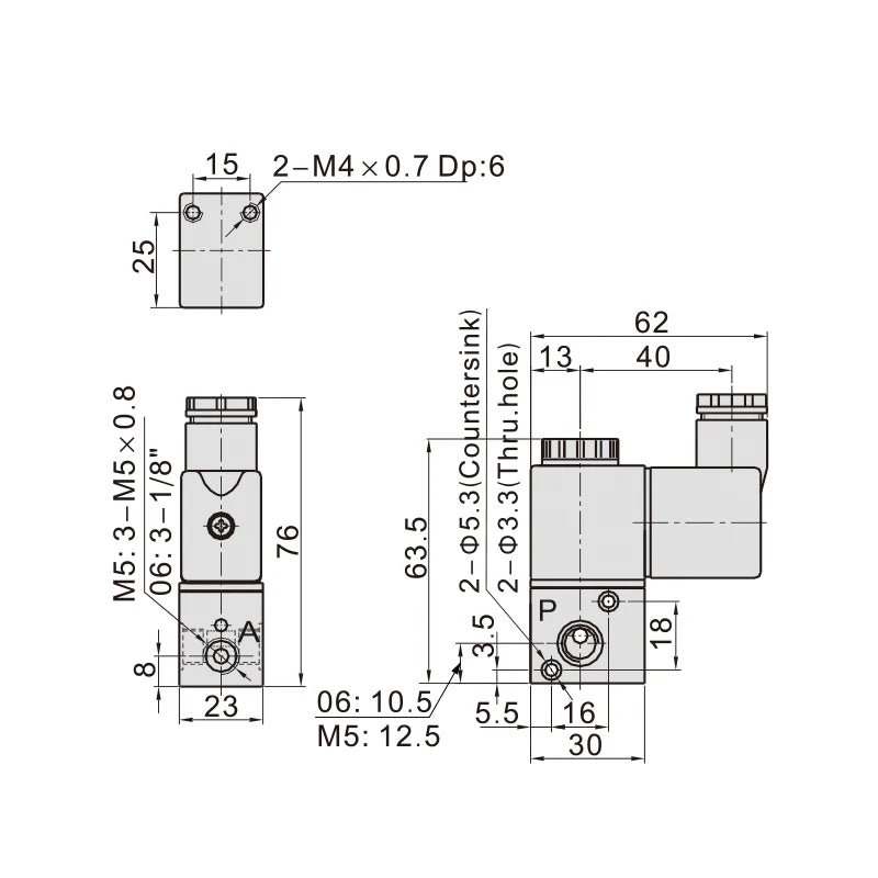 Pneumatisk magnetventil til styring, 3V1-06/08/M5, 2-positions 3-vejs vendeventil til cylinder