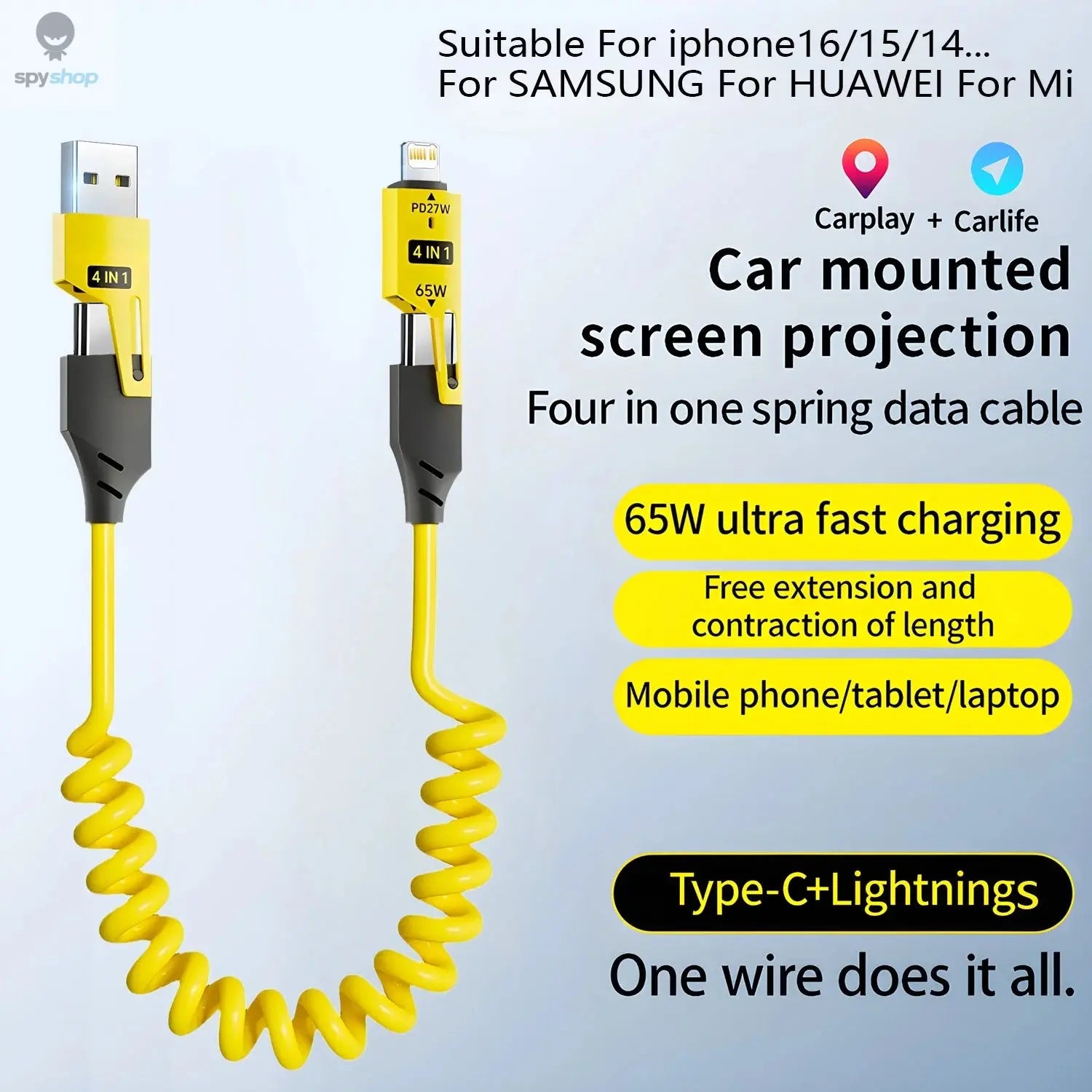 Zinc Alloy USB-C 4IN1 65w Fast Charging Cable for iPhone Usb Type C Cable For iPhone Xiaomi Samsung PD spring data cable Spy-shop.com