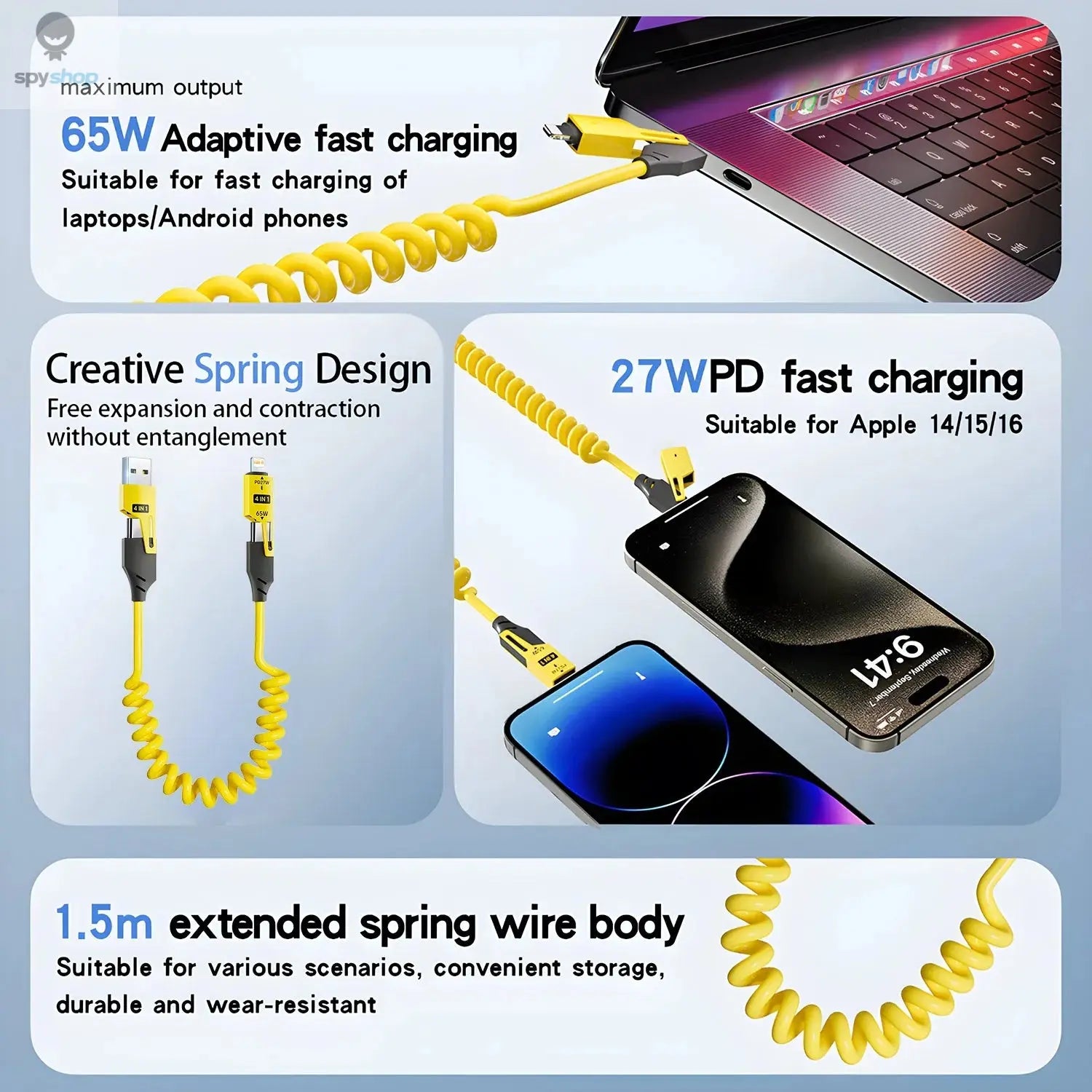 Zinc Alloy USB-C 4IN1 65w Fast Charging Cable for iPhone Usb Type C Cable For iPhone Xiaomi Samsung PD spring data cable Spy-shop.com
