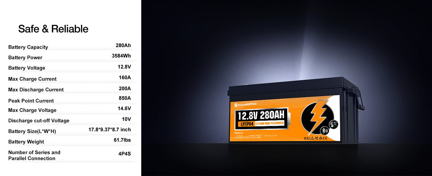 12V 280Ah LiFePO4 baterie pro obytný vůz 3584Wh s Bluetooth a 200A BMS