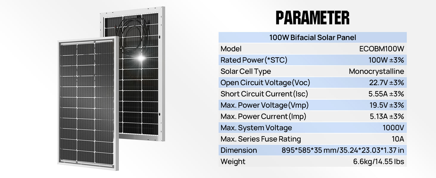 ECO-WORTHY Bifacial 100 Watt 12 Volt Solpanel Monokrystallin Sovsfast Rigid Høj Effekt PV-Modul Til Strømkilde til Solskærme, RV'er