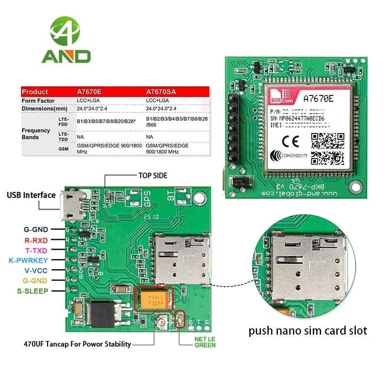 A7670E LTE Cat 1 4G Module Breakout Kit with Nano SIM Slot-LTE version 2