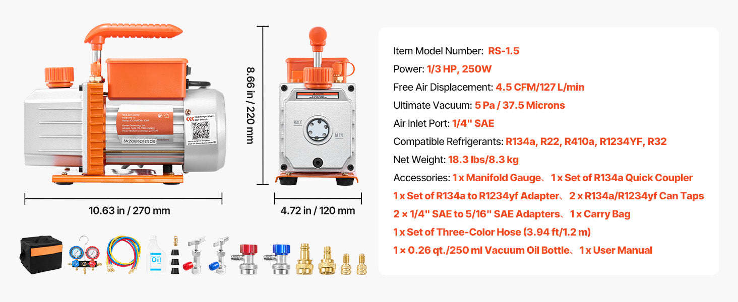 AC Vacuum Pump and Gauge Set 3.5 CFM 4.5 CFM 7 CFM for HVAC-3.5CFM 180W 1 Stage / United States
