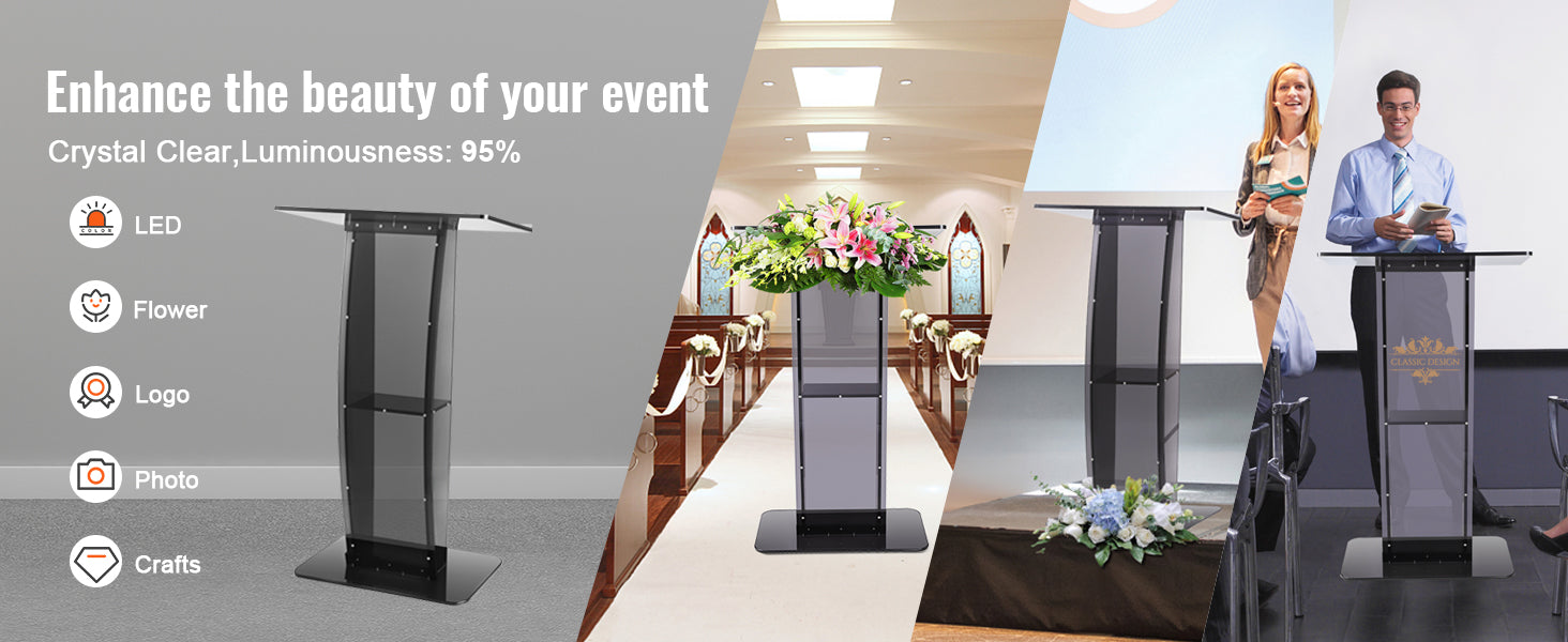 SucceBuy 47" Acrylic Podium Stand Floor-Standing Clear Pulpit Acrylic Desktop Lecterns w/ Storage Shelf for Church Office School