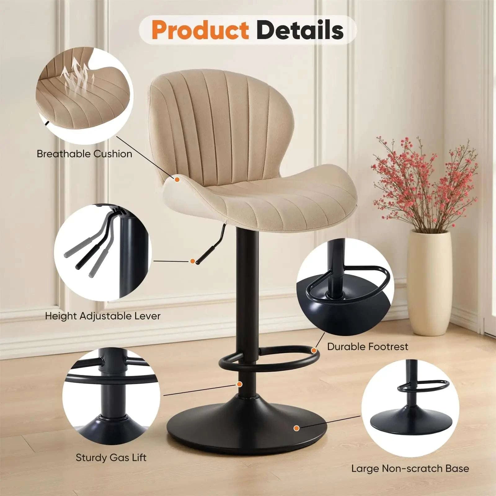 Adjustable 360° Swivel Bar Stools Set of 2 Fabric Dining Chairs-black / United States