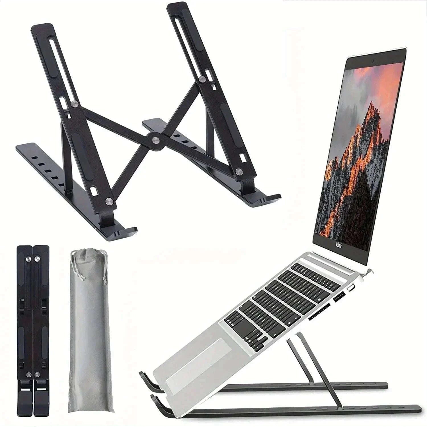 Adjustable Aluminum Laptop Stand - 6-Level Height, Foldable & Portable Design for 8-16 Inch Laptops-Black