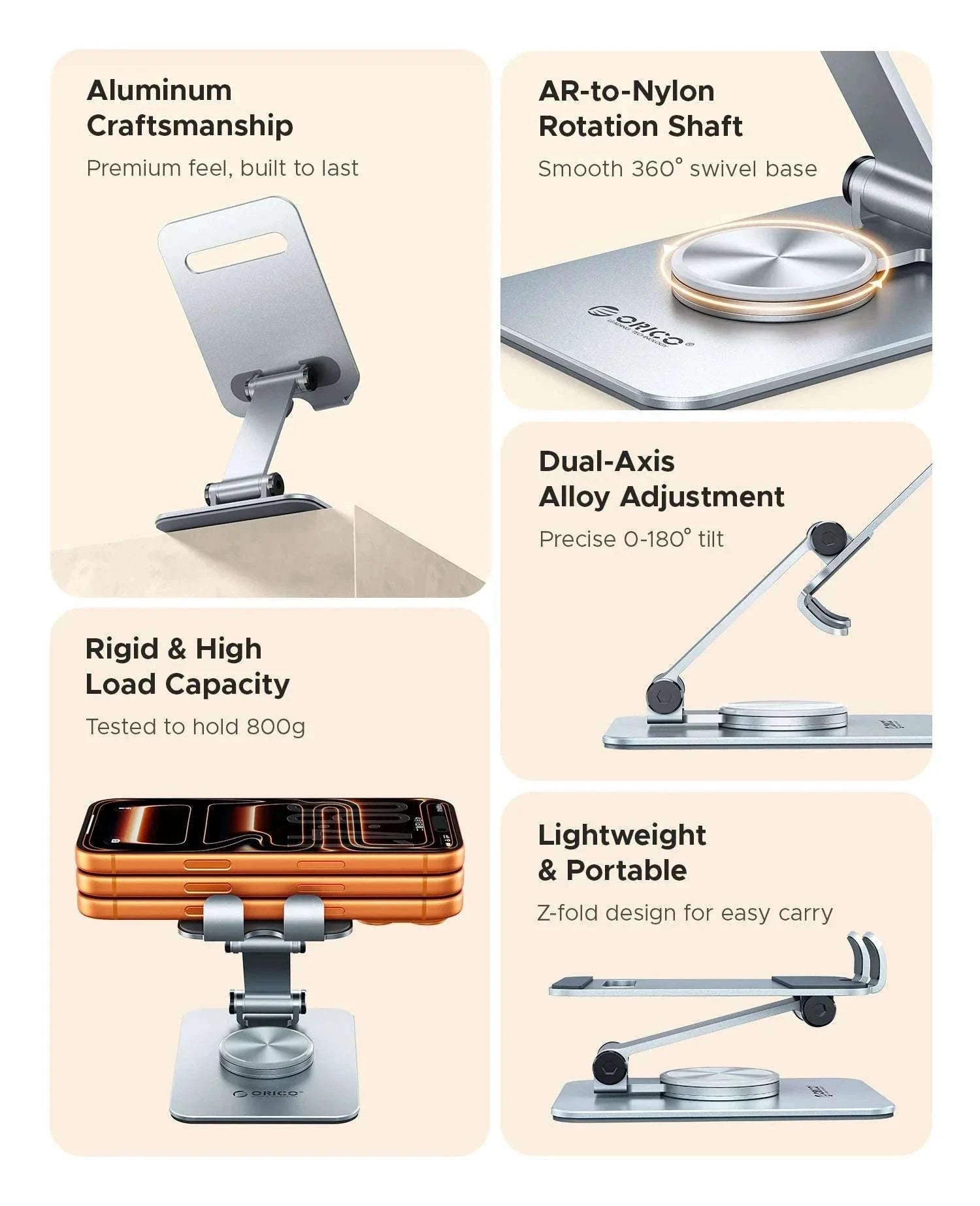 Adjustable Aluminum Phone Stand with 360° Rotation & Foldable Design-Gray