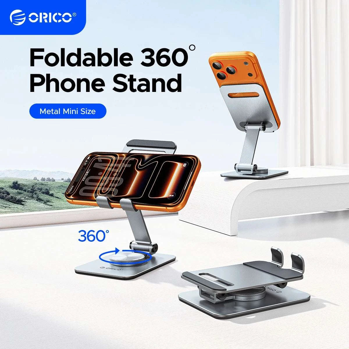 Adjustable Aluminum Phone Stand with 360° Rotation & Foldable Design-Gray