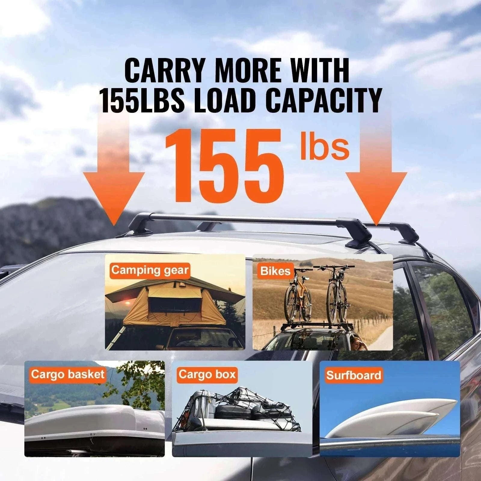 Adjustable Aluminum Roof Rack Crossbars 155lbs Load with Lock-UNITED KINGDOM