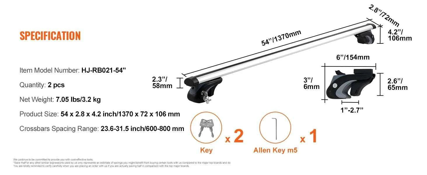 Adjustable Aluminum Roof Rack Crossbars 200lbs for SUVs & Sedans-france