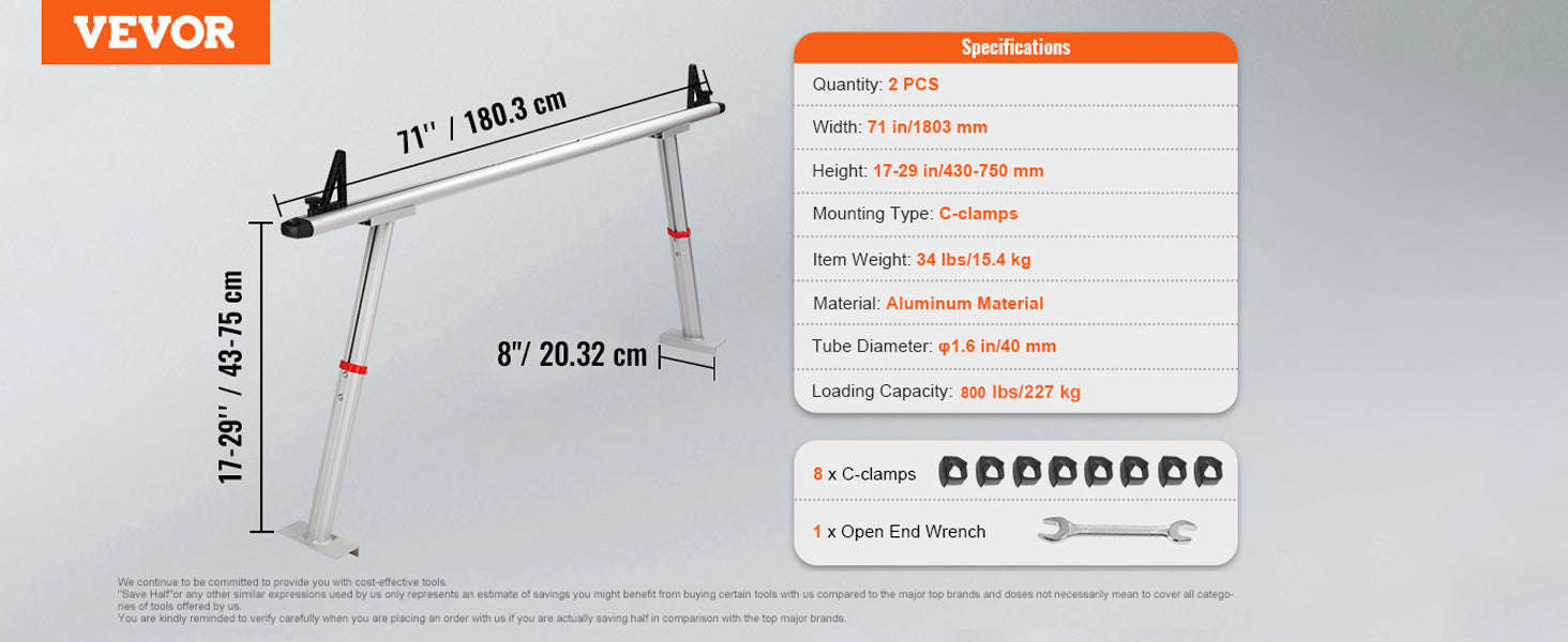 Adjustable Aluminum Truck Rack with No-Drill C-Clamps-71 inch17-29 inch / United States