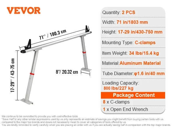 Adjustable Aluminum Truck Rack with No-Drill C-Clamps-71 inch17-29 inch / United States