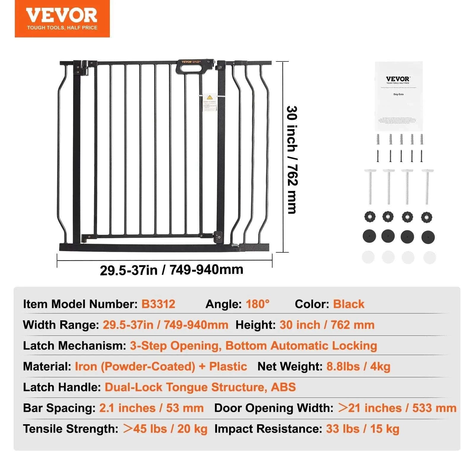 Adjustable Baby Gate with Auto-Close Door for Stairs and Doorways-W29.5-37in 30inH / United States