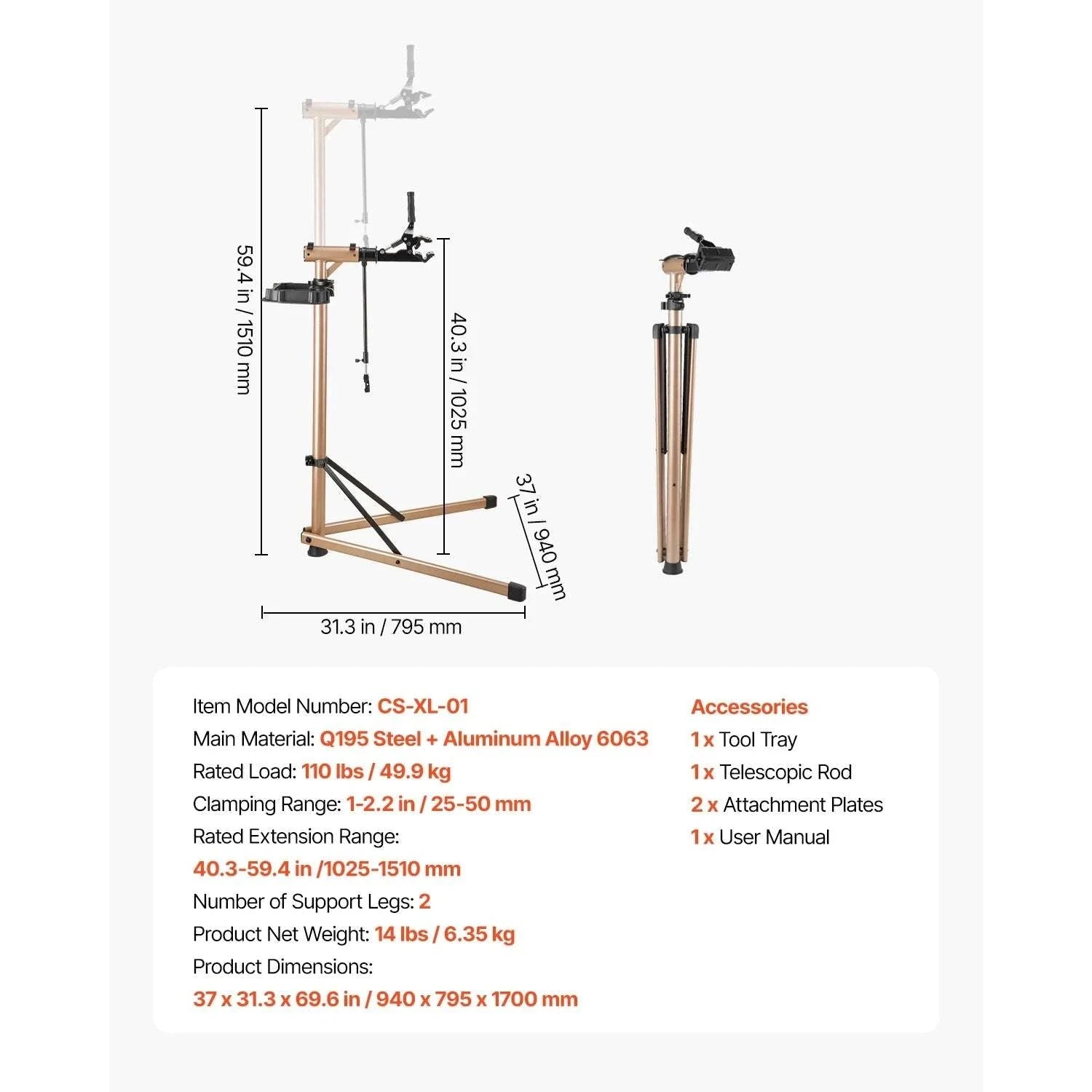 Adjustable Bike Repair Stand with 360° Clamp & Tool Tray-aluminum alloy 110lb / GERMANY