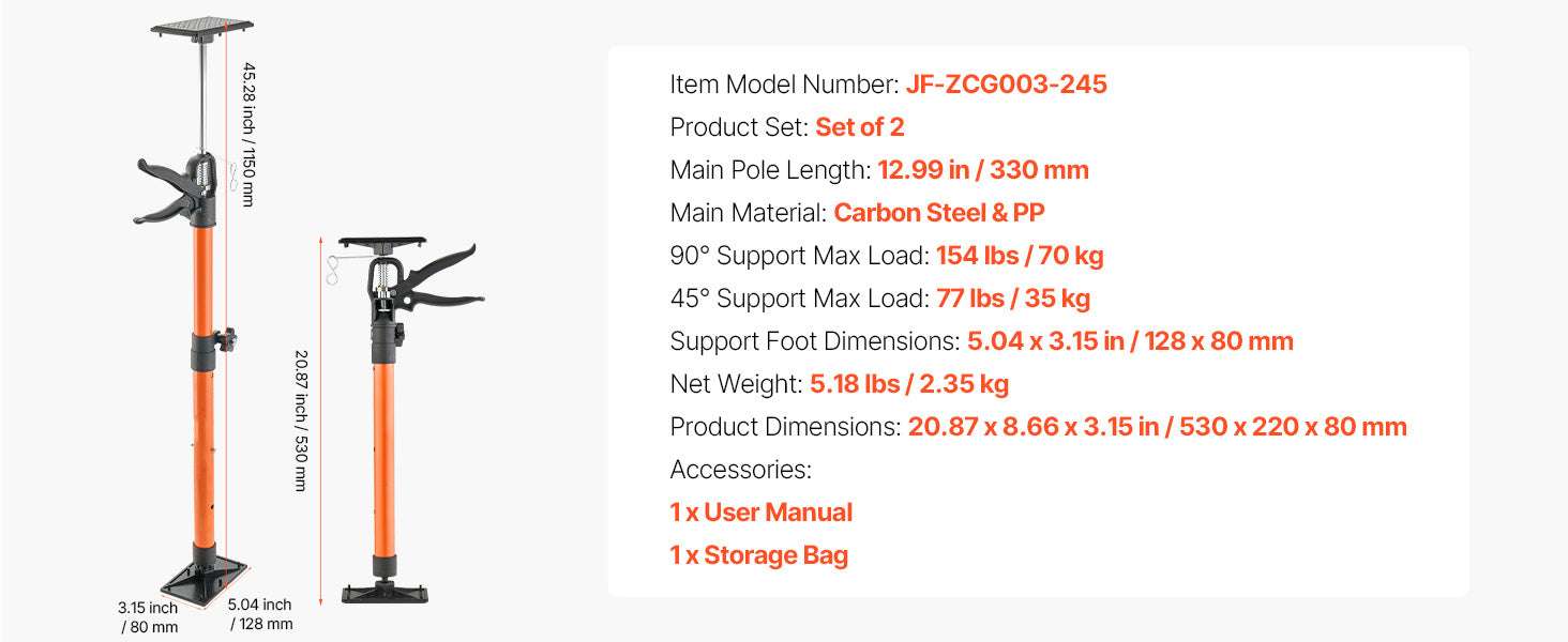 Adjustable Cabinet Jack Support Pole 19–114in Steel Lift Rod-2 pcs 45-114inch / United States