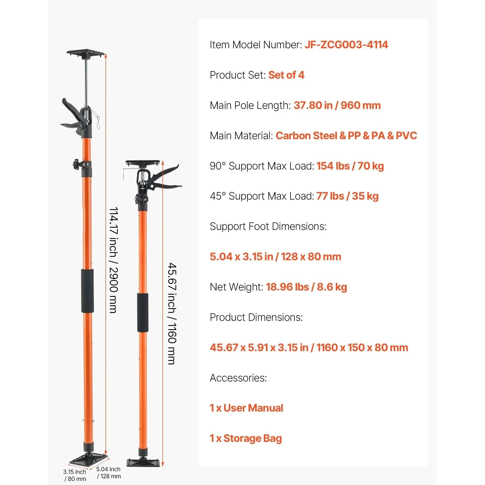 Adjustable Cabinet Jack Support Pole 19–114in Steel Lift Rod-2 pcs 45-114inch / United States