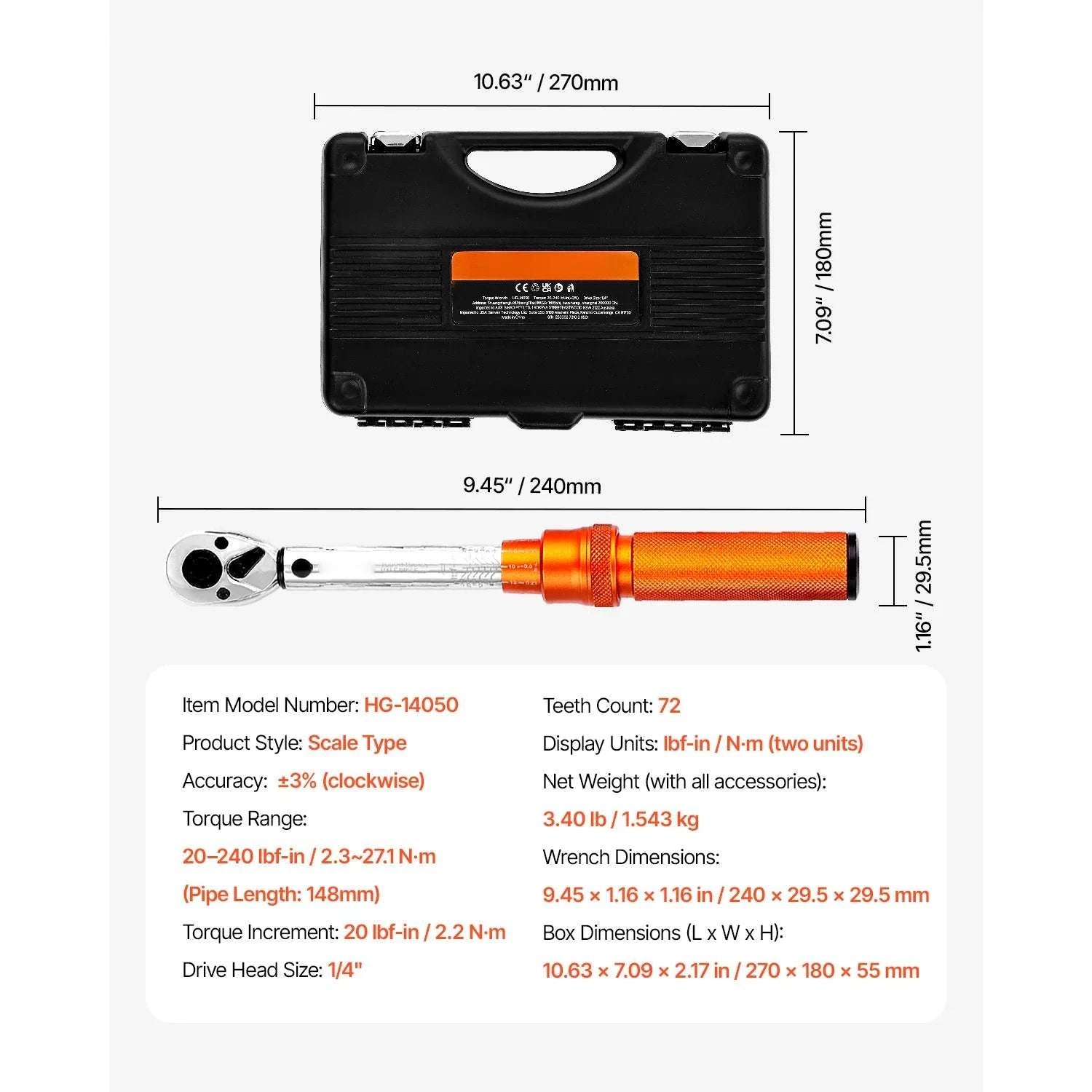 Adjustable Click Torque Wrench Set with Dual Scale Precision-20-200 ft-lb / spain