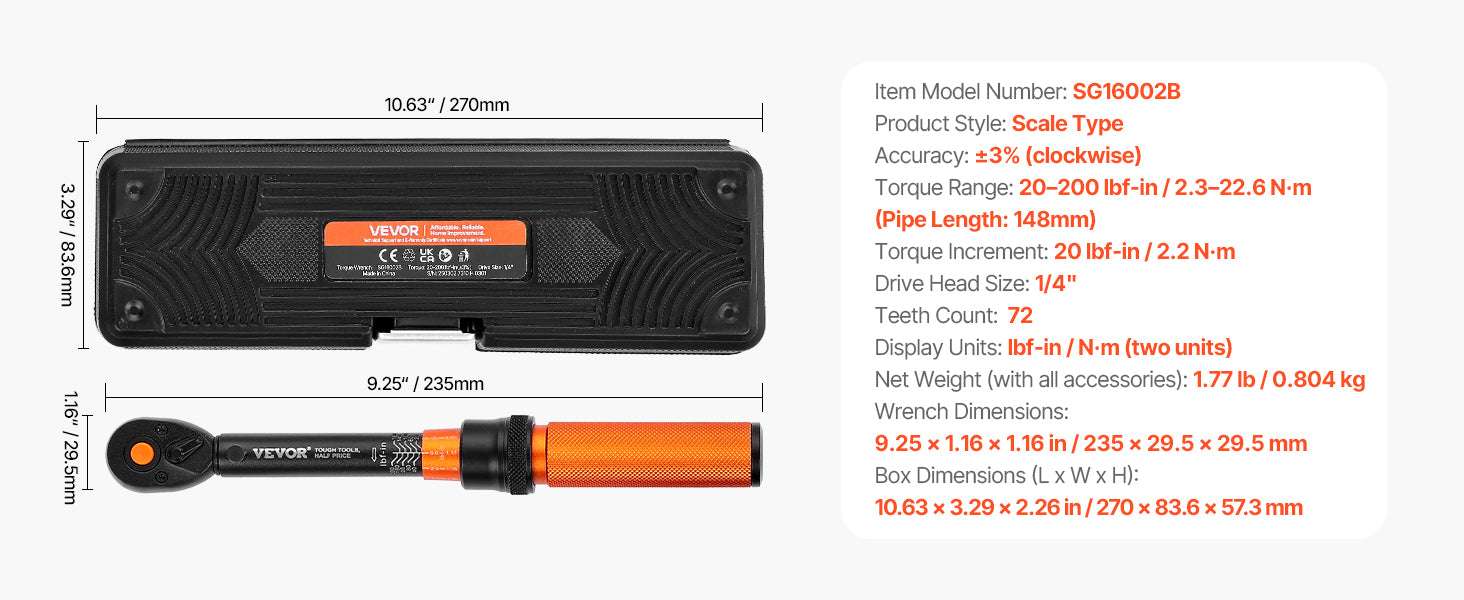 Adjustable Click Torque Wrench Set with Dual Scale Precision-20-200 ft-lb / spain