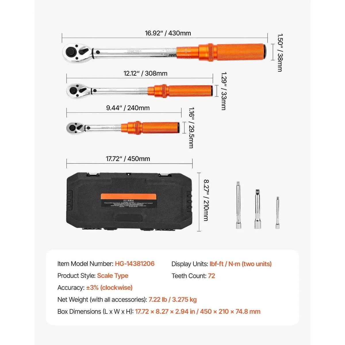 Adjustable Click Torque Wrench Set with Dual Scale Precision-3.7-44.3 ft-lb / United States