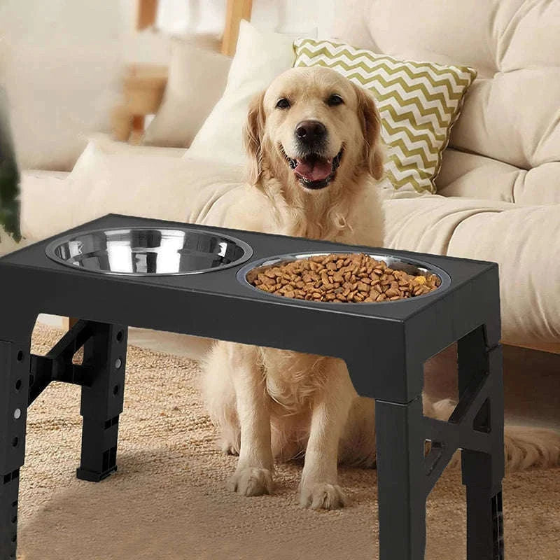 Adjustable Elevated Dog Feeder with Stainless Steel Bowls-Black / 2 Stainless Steel