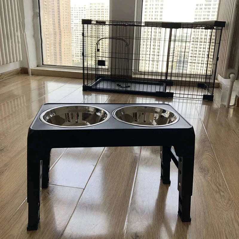 Adjustable Elevated Dog Feeder with Stainless Steel Bowls-Black / 2 Stainless Steel