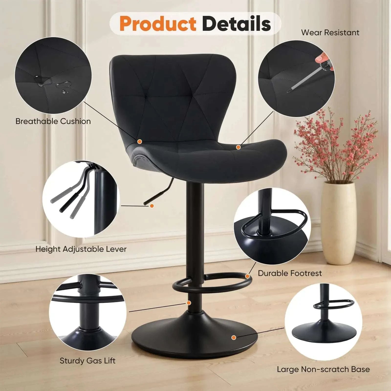 Adjustable Faux Leather Bar Stools Set of 2 with Comfort Backrest-black / United States