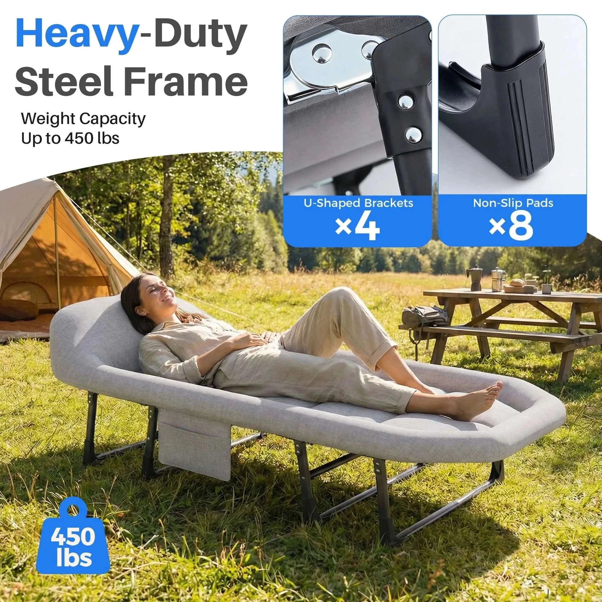 Adjustable Folding Camping Bed with Mattress & Carry Bag 440 lb-black / United States
