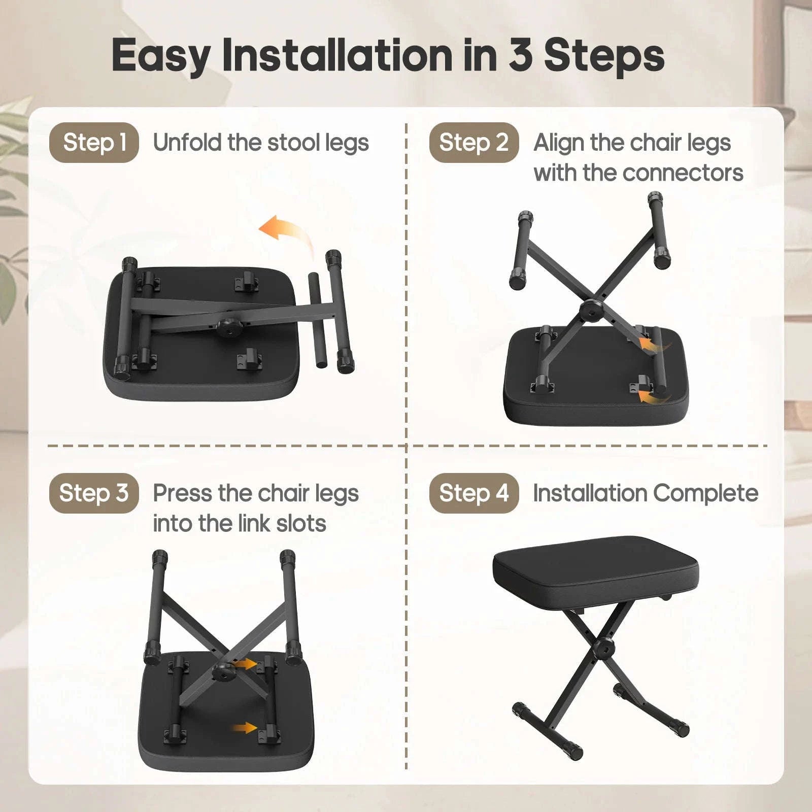 Adjustable Folding Piano & Guitar Stool with Cushioned Seat-Rice White / United States
