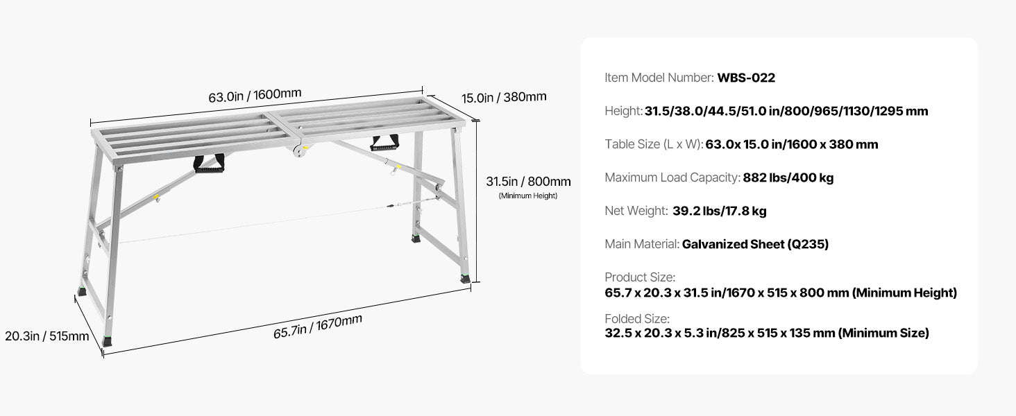 Adjustable Folding Work Platform with 4 Height Settings, 882 lb Capacity-80-130cm / United States