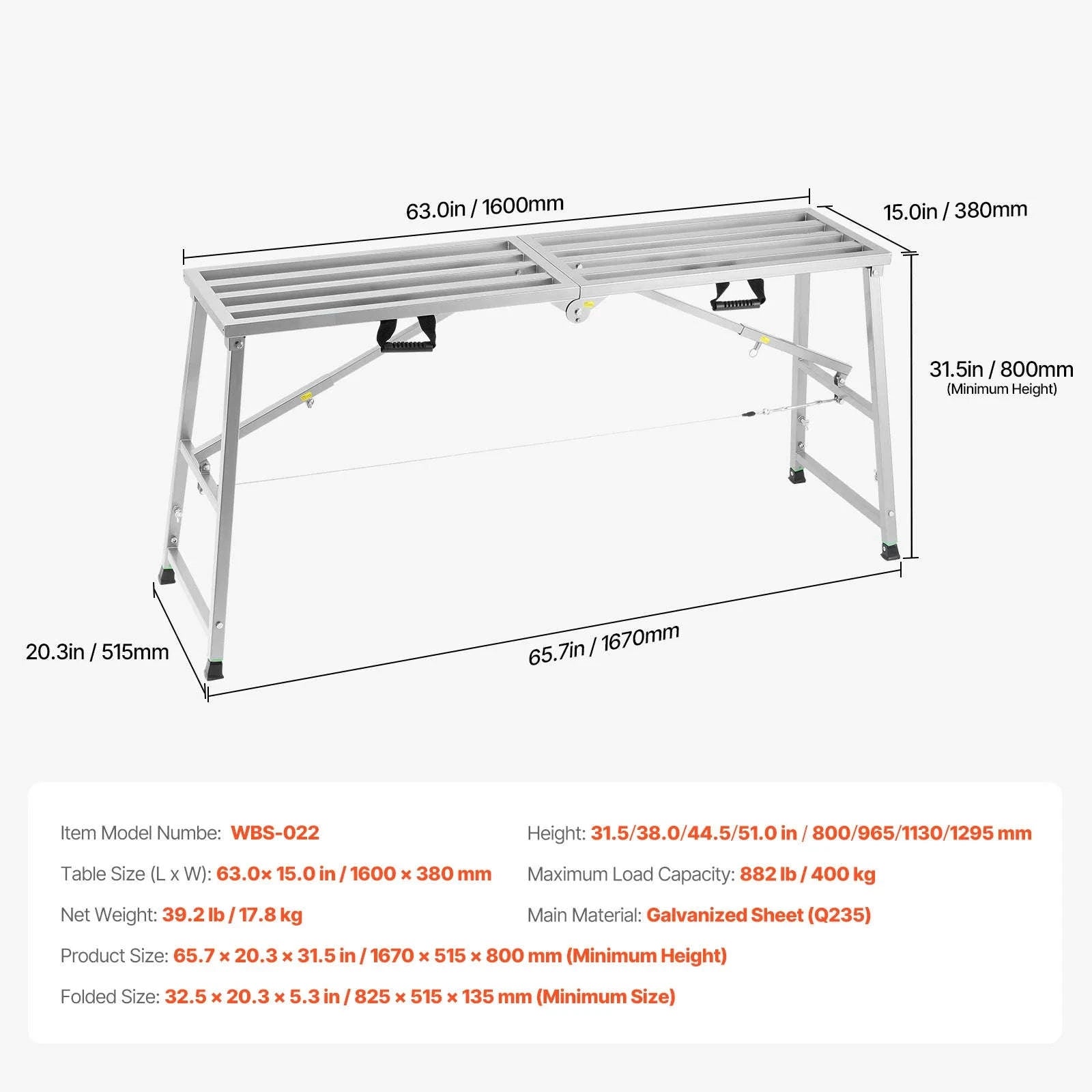 Adjustable Folding Work Platform with 4 Height Settings, 882 lb Capacity-80-130cm / United States