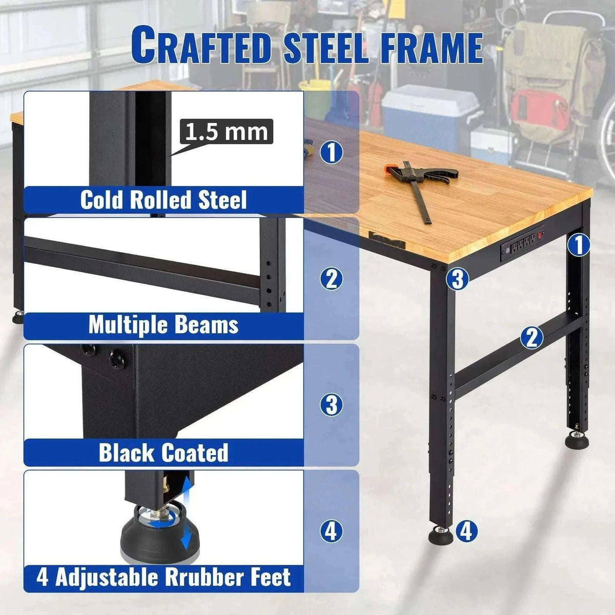 Adjustable Garage Workbench 2000 lbs Hardwood Top Work Table-United States / 48 x 20 in No Wheel