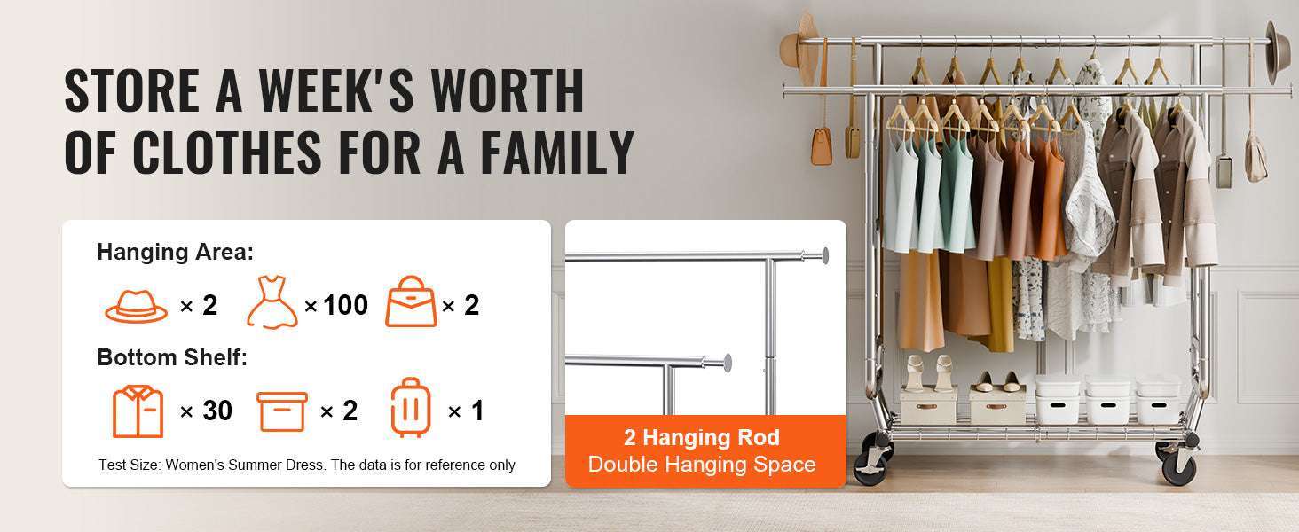Adjustable Heavy Duty Garment Rack with Wheels & Storage Shelf-2 rods 75.4x73.5in / CZECH REPUBLIC