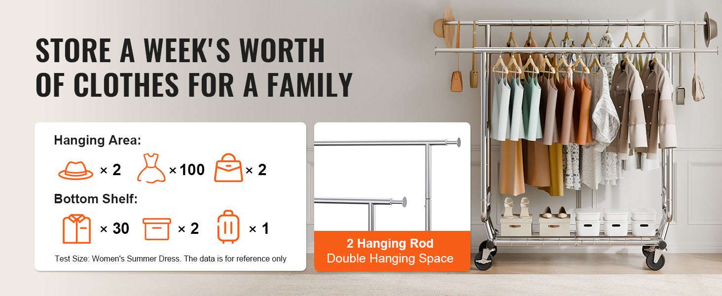 Adjustable Heavy Duty Garment Rack with Wheels & Storage Shelf-2 rods 75.4x73.5in / CZECH REPUBLIC