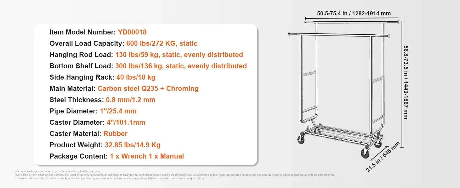 Adjustable Heavy Duty Garment Rack with Wheels & Storage Shelf-2 rods 75.4x73.5in / CZECH REPUBLIC