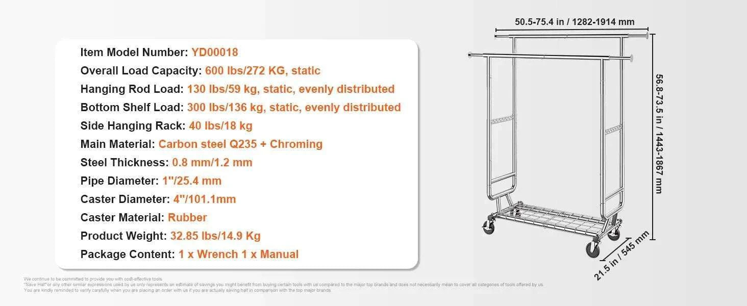 Adjustable Heavy Duty Garment Rack with Wheels & Storage Shelf-2 rods 75.4x73.5in / CZECH REPUBLIC