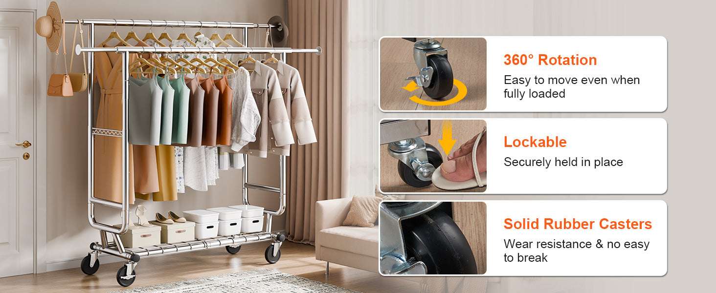Adjustable Heavy Duty Garment Rack with Wheels & Storage Shelf-2 rods 75.4x73.5in / CZECH REPUBLIC
