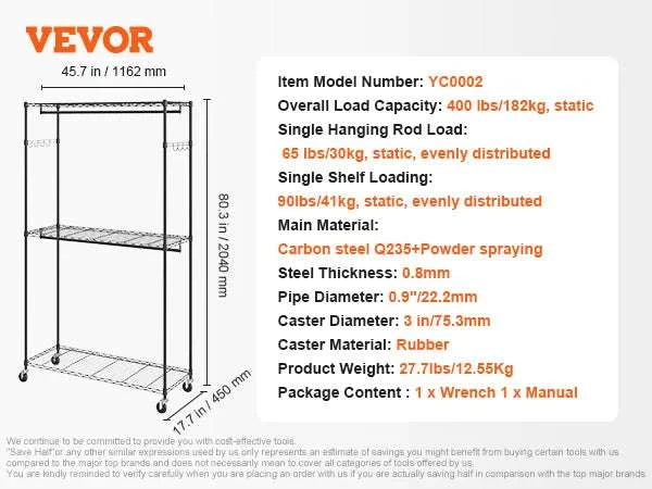 Adjustable Heavy Duty Garment Rack with Wheels & Storage Shelf-2 rods 75.4x73.5in / CZECH REPUBLIC