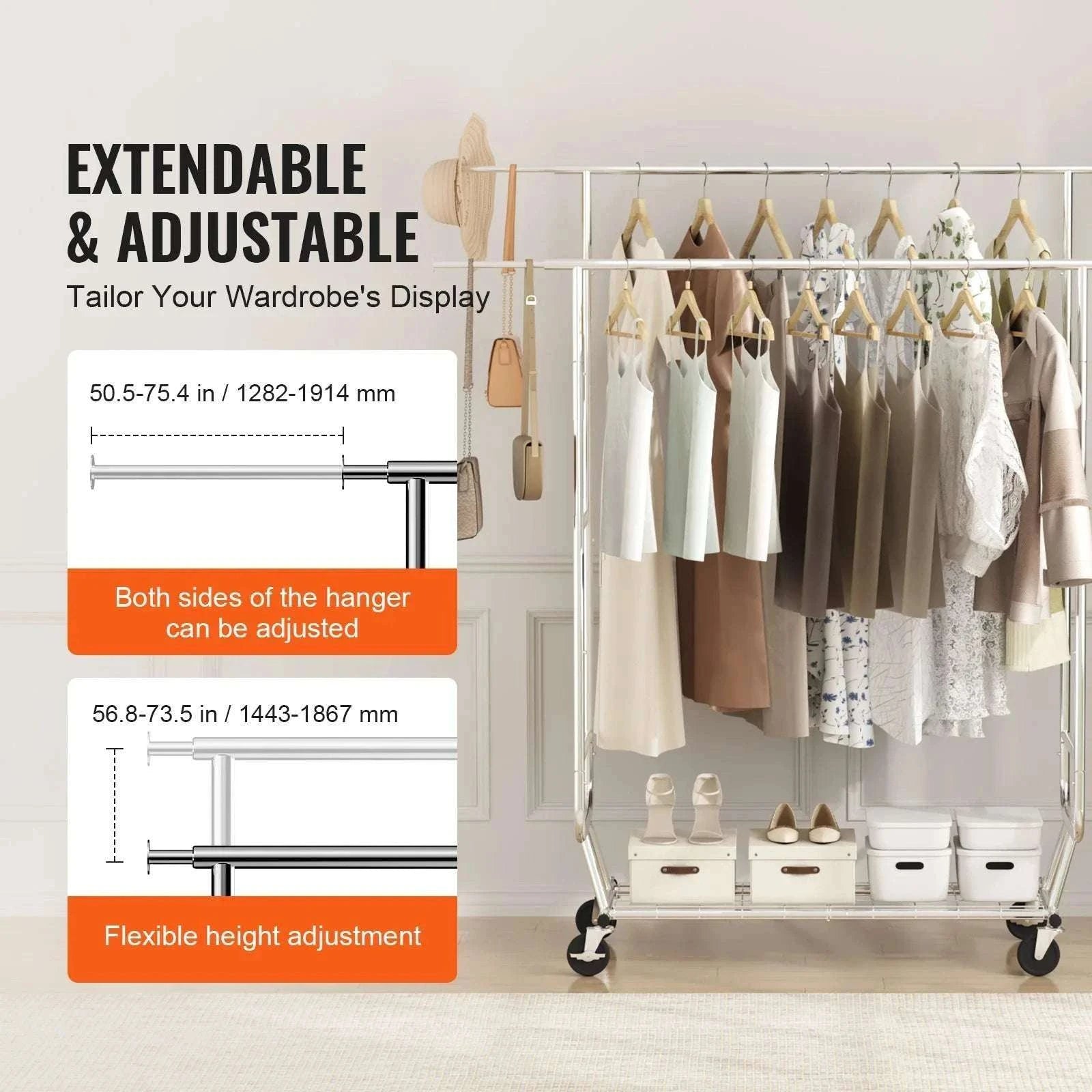 Adjustable Heavy Duty Garment Rack with Wheels & Storage Shelf-2 rods 75.4x73.5in / CZECH REPUBLIC