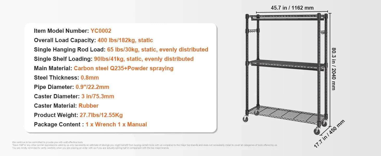 Adjustable Heavy Duty Garment Rack with Wheels & Storage Shelf-2 rods 75.4x73.5in / CZECH REPUBLIC