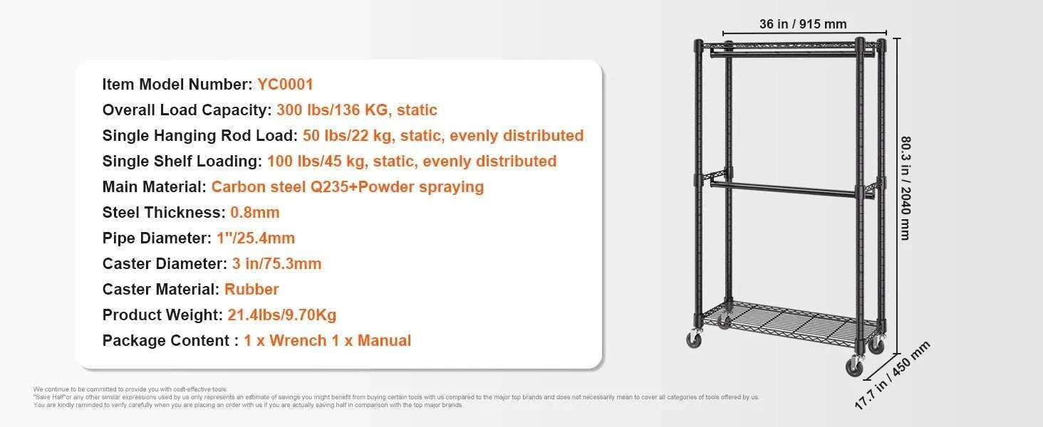 Adjustable Heavy Duty Garment Rack with Wheels & Storage Shelf-2 rods 75.4x73.5in / CZECH REPUBLIC