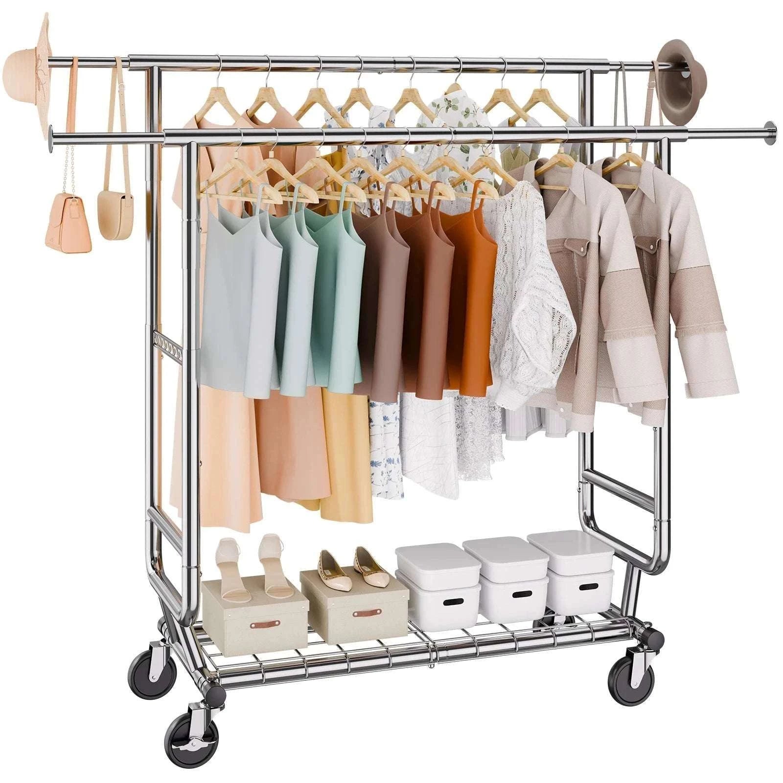 Adjustable Heavy Duty Garment Rack with Wheels & Storage Shelf-2 rods 75.4x73.5in / CZECH REPUBLIC