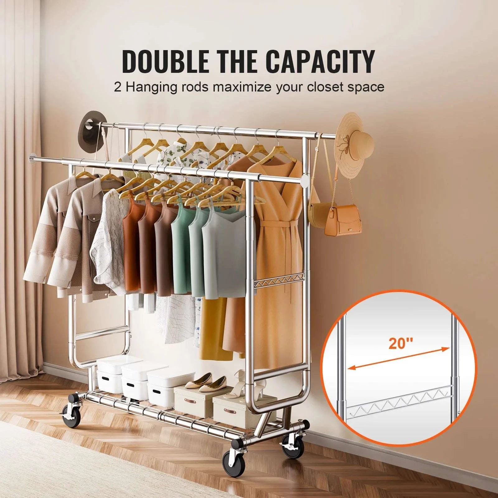 Adjustable Heavy Duty Garment Rack with Wheels & Storage Shelf-2 rods 75.4x73.5in / CZECH REPUBLIC