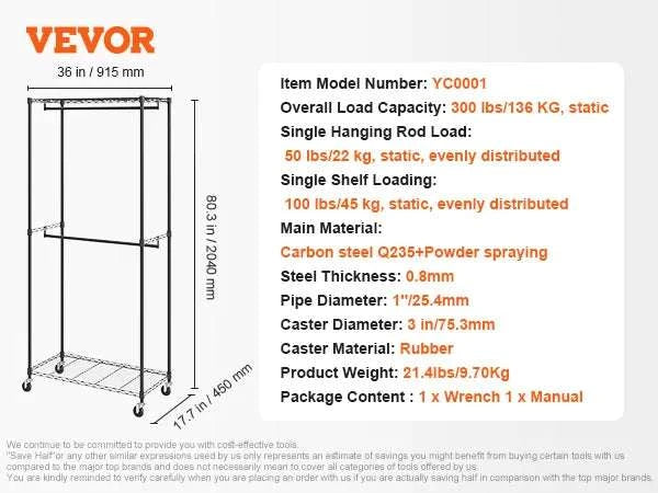 Adjustable Heavy Duty Garment Rack with Wheels & Storage Shelf-2 rods 75.4x73.5in / CZECH REPUBLIC