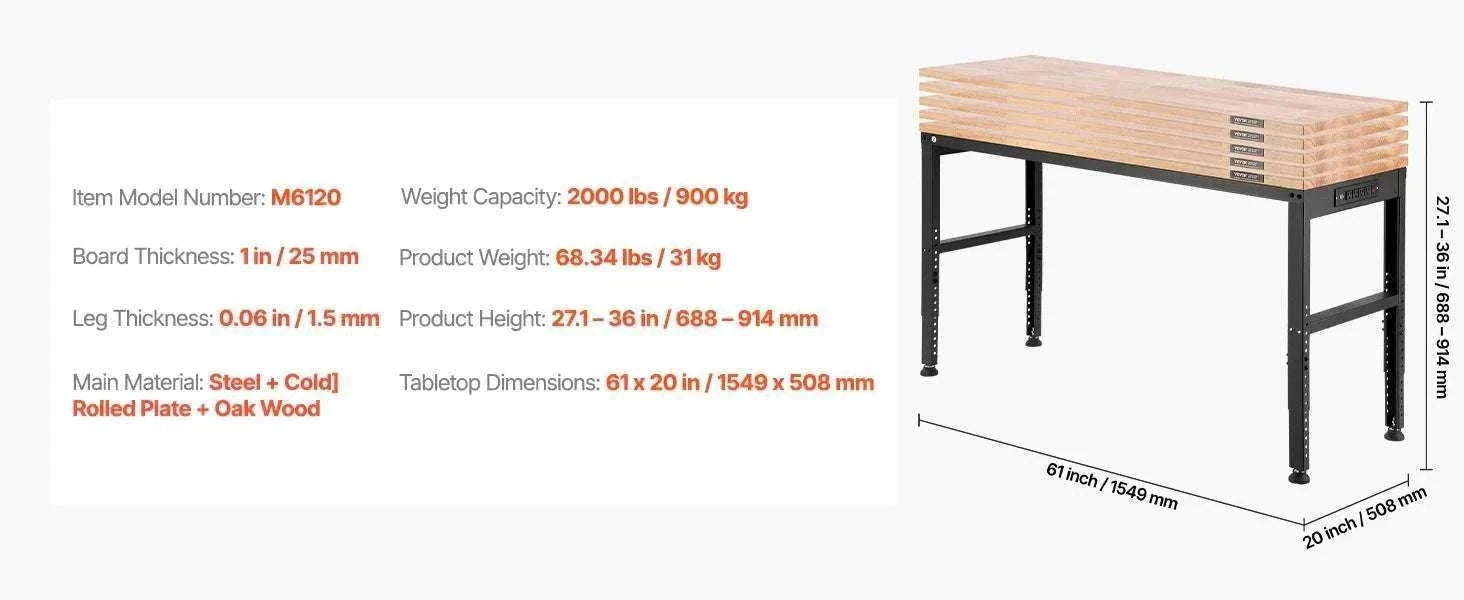 Adjustable Heavy-Duty Workbench with Power Outlets and Hardwood Top-61x20in / United States