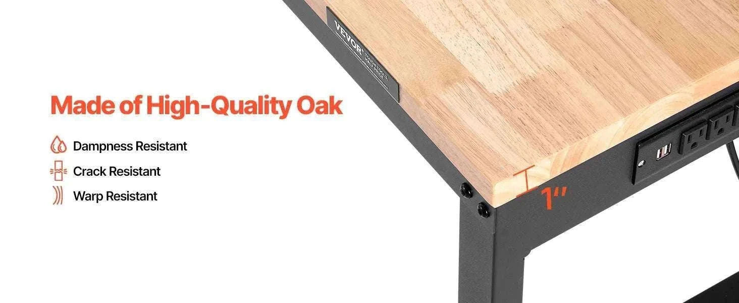 Adjustable Heavy-Duty Workbench with Power Outlets and Hardwood Top-61x20in / United States
